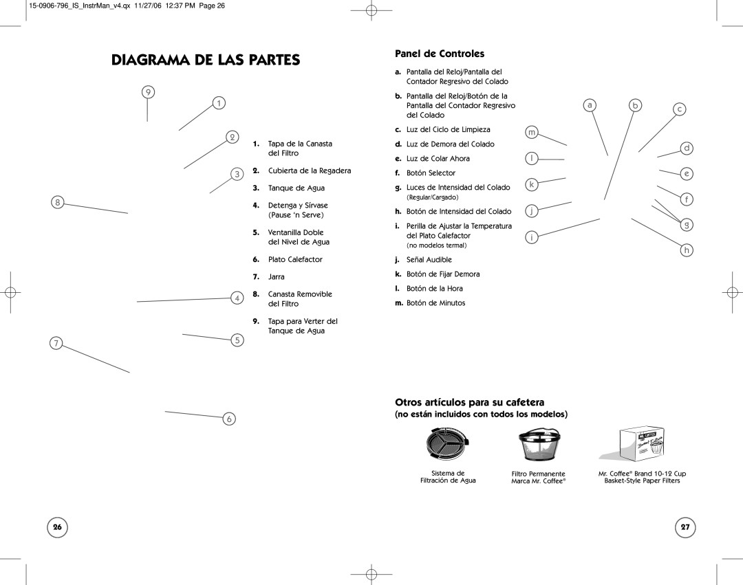 Mr. Coffee ISX43 manual Panel de Controles, Otros artículos para su cafetera, No están incluidos con todos los modelos 