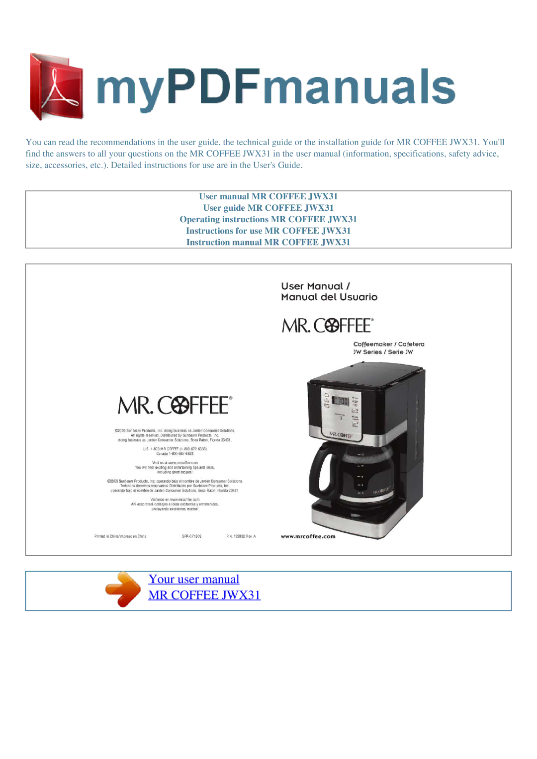 Mr. Coffee user manual MR Coffee JWX31 