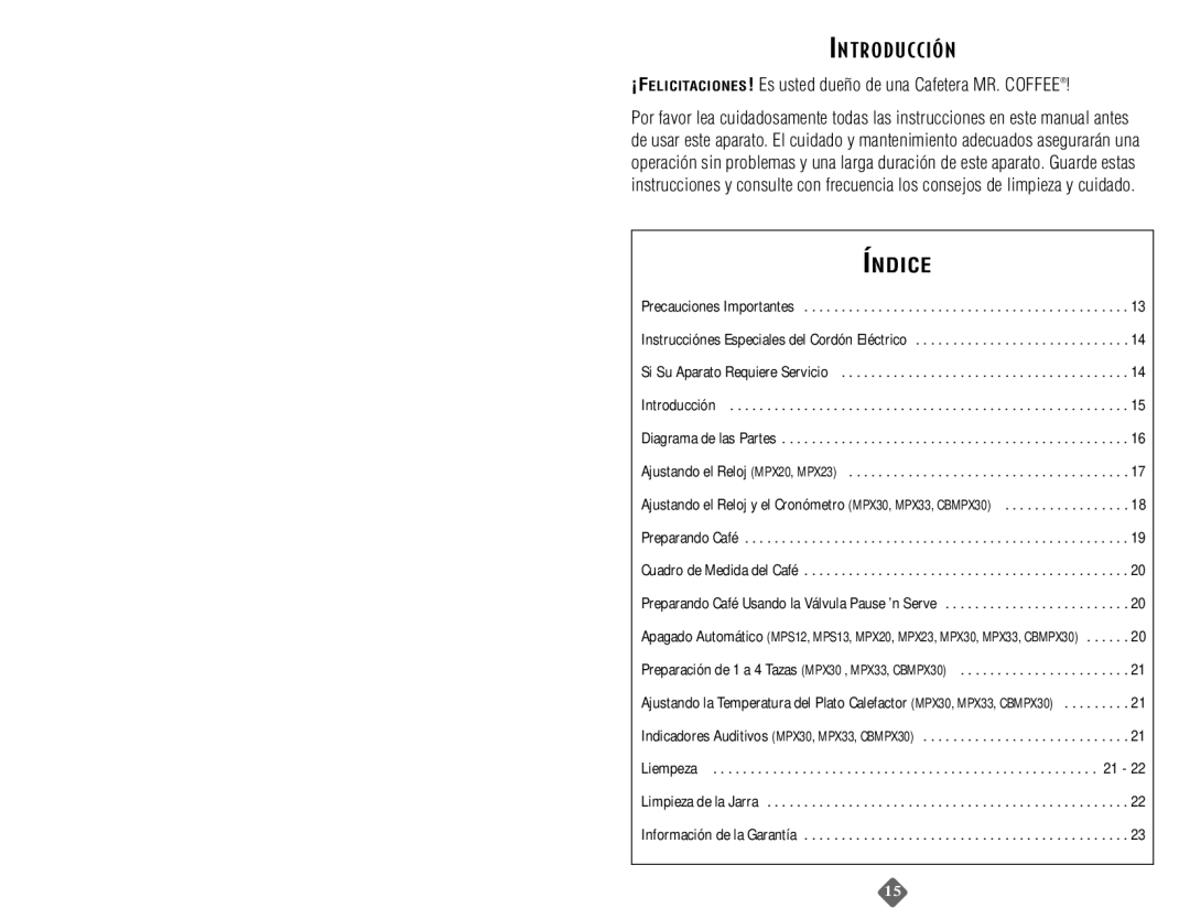 Mr. Coffee MPX33, MPX20, MPX30, MPS13 Instrucciones Especiales DEL Cordón Eléc Trico, LA Mano EL Número DE Modelo MP12, MP13 