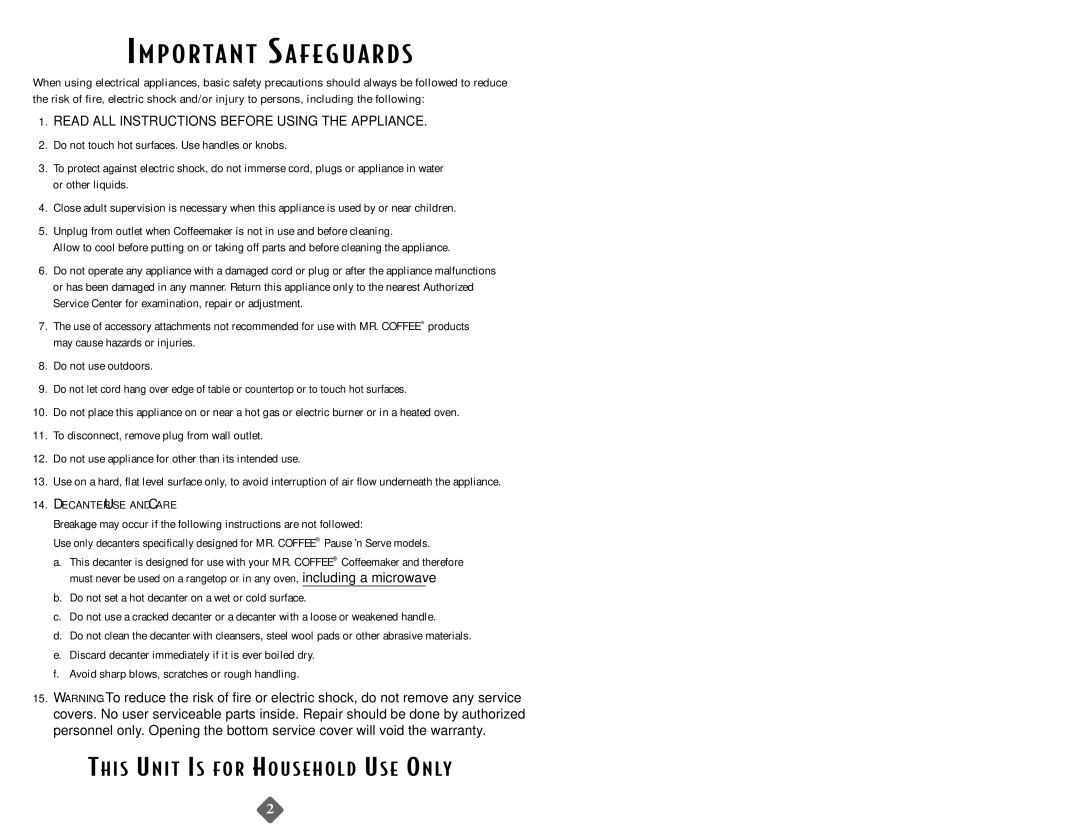 Mr. Coffee MPS13, MPX20, MPX30, MP13 IM P O R TA N T SA F E G U a R D S, Read ALL Instructions Before Using the Appliance 