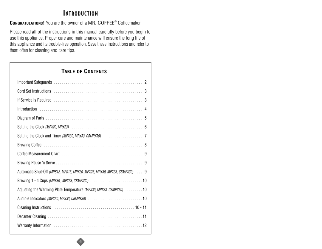 Mr. Coffee MPX23, MPX20, MPS13, MP13, MPX33, MP12, MPS12, CBMPX30 instruction manual Introduc Tion, Table of Contents 