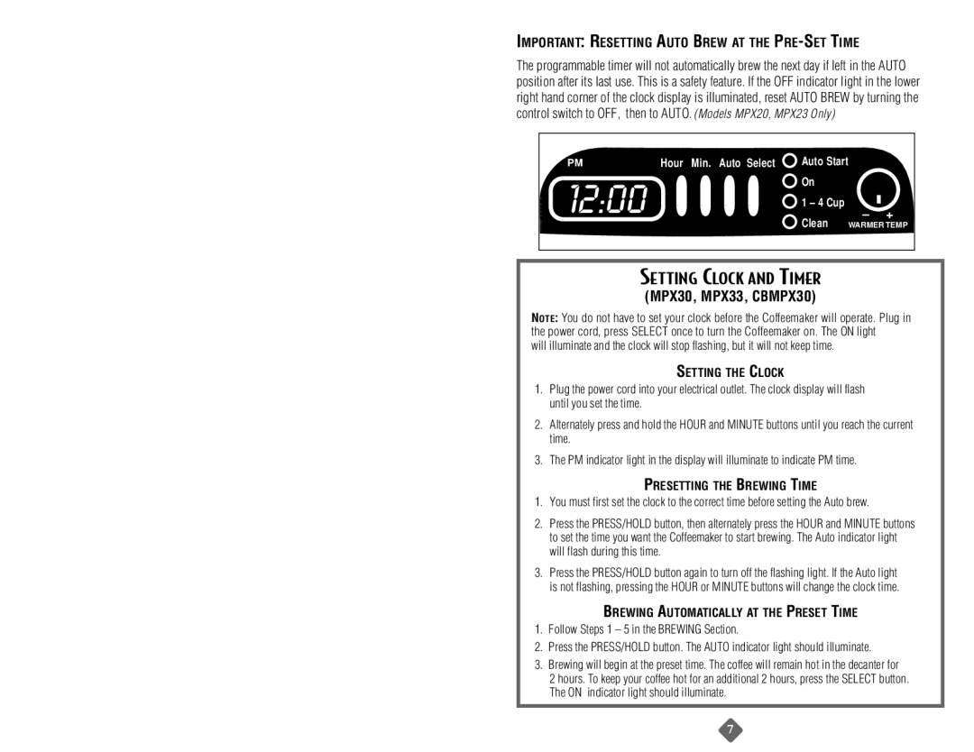 Mr. Coffee MPS12, MPX20 Important Resetting Auto Brew AT the PRE-SET Time, Setting the Clock, Presetting the Brewing Time 
