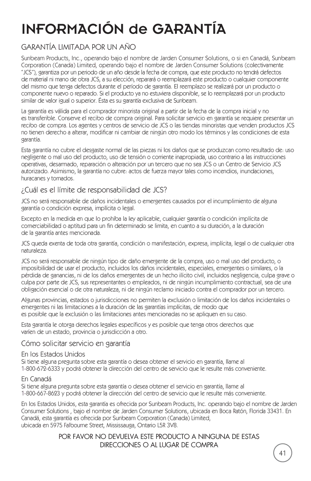 Mr. Coffee mrx35 ¿Cuál es el límite de responsabilidad de JCS?, Cómo solicitar servicio en garantía, En los Estados Unidos 