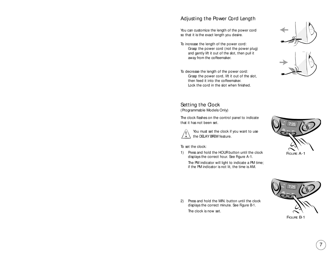 Mr. Coffee NC Series user manual Adjusting the Power Cord Length, Setting the Clock 