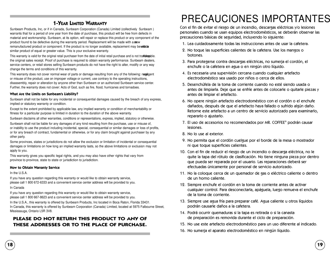 Mr. Coffee NL4, NLX5 user manual What Are the Limits on Sunbeam’s Liability?, How to Obtain Warranty Service 