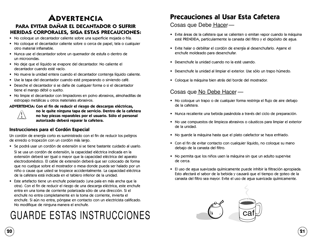 Mr. Coffee NLX5, NL4 user manual Advertencia, Instrucciones para el Cordón Especial 