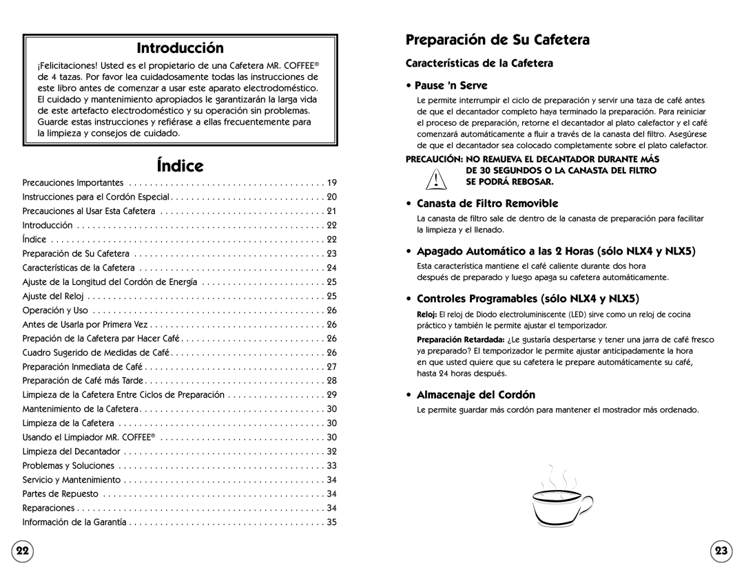 Mr. Coffee NL4, NLX5 user manual Introducción, Preparación de Su Cafetera 