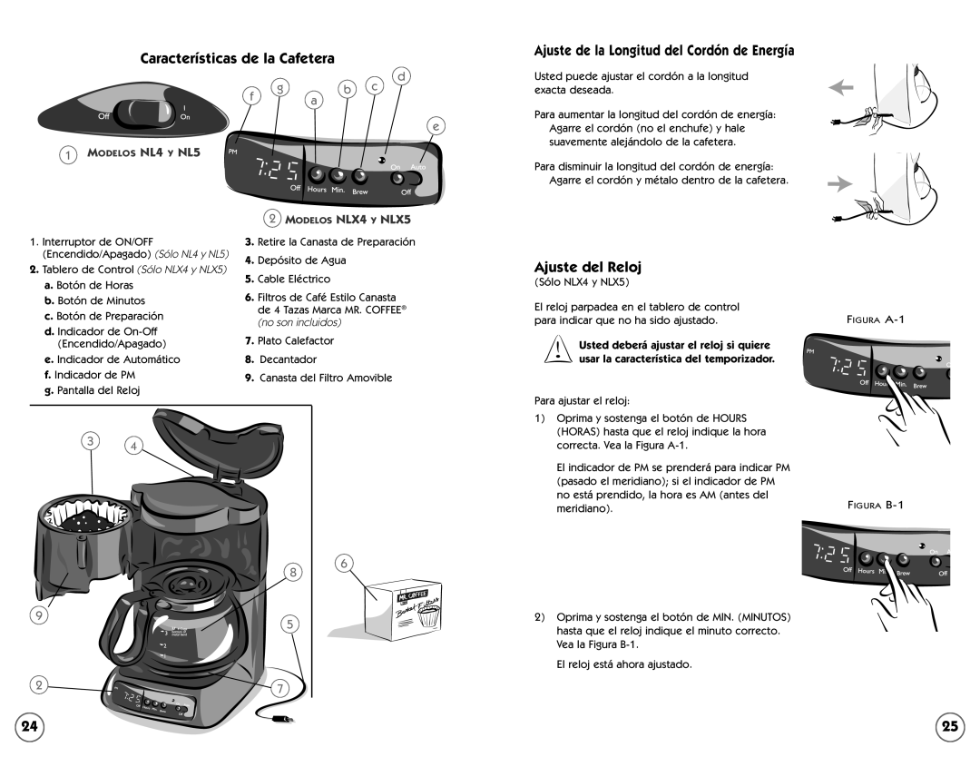 Mr. Coffee NLX5, NL4 Características de la Cafetera, Ajuste del Reloj, Ajuste de la Longitud del Cordón de Energía 