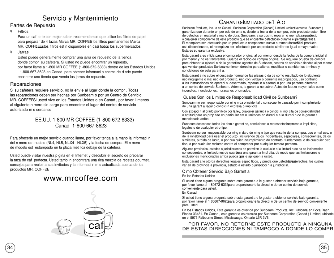 Mr. Coffee NL4, NLX5 user manual Servicio y Mantenimiento, Partes de Repuesto, Reparaciones, EE.UU -800 MR Coffee Canadá 