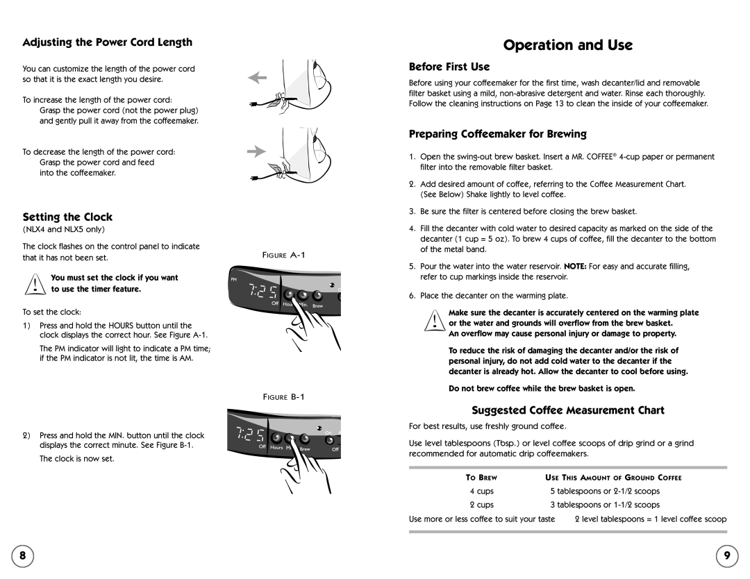 Mr. Coffee NLX5, NL4 user manual Operation and Use 