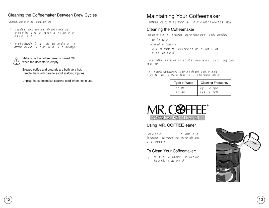 Mr. Coffee NLX5, NL4 Maintaining Your Coffeemaker, Cleaning the Coffeemaker Between Brew Cycles, Using MR. Coffee Cleaner 