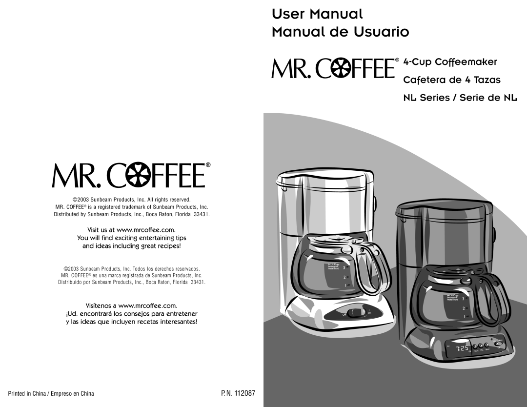 Mr. Coffee NLX5, NL4 user manual CupCoffeemaker Cafetera de 4 Tazas, NL Series / Serie de NL 