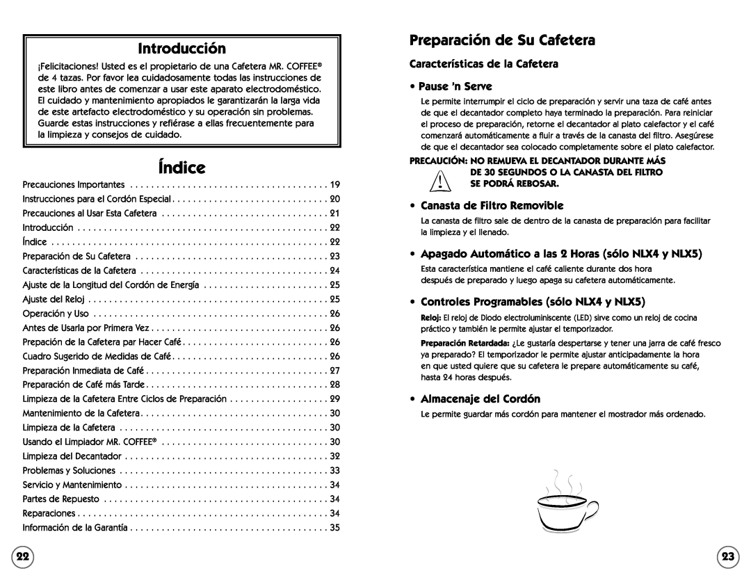 Mr. Coffee NL4, NLX5 Índice, Introducción, Preparación de Su Cafetera, Características de la Cafetera Pause ’n Serve 