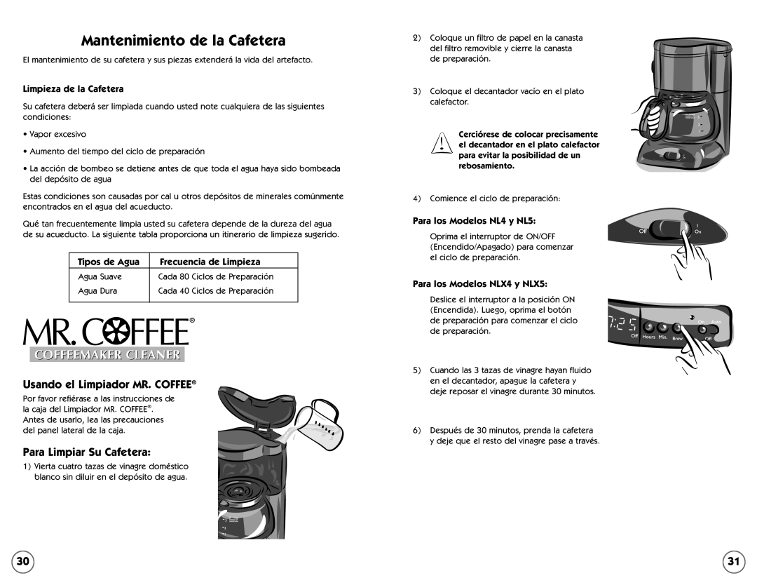 Mr. Coffee NL4, NLX5 Mantenimiento de la Cafetera, Usando el Limpiador MR. COFFEE, Para Limpiar Su Cafetera, Tipos de Agua 