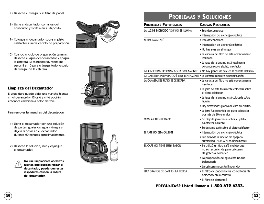 Mr. Coffee NLX5, NL4 user manual PREGUNTAS? Usted llamar a, Limpieza del Decantador, Problemas Y Soluciones 