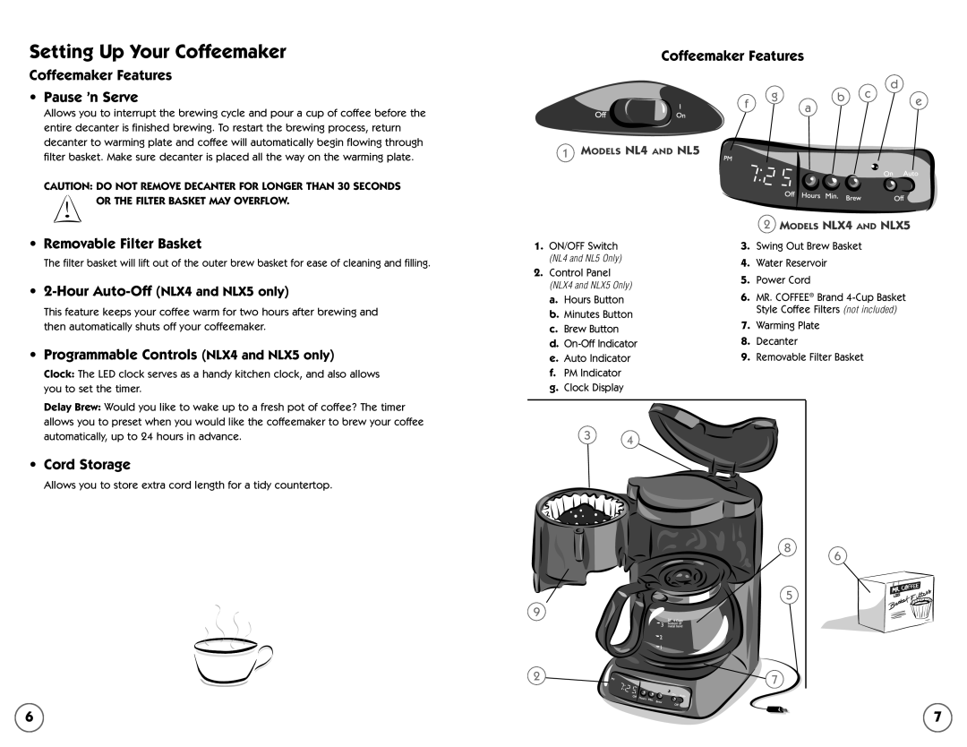 Mr. Coffee NL4 Setting Up Your Coffeemaker, Coffeemaker Features Pause ’n Serve, Removable Filter Basket, Cord Storage 