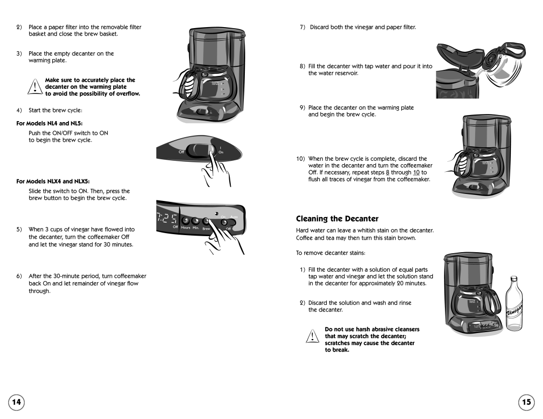 Mr. Coffee NLX5 user manual Cleaning the Decanter, to avoid the possibility of overflow, For Models NL4 and NL5 