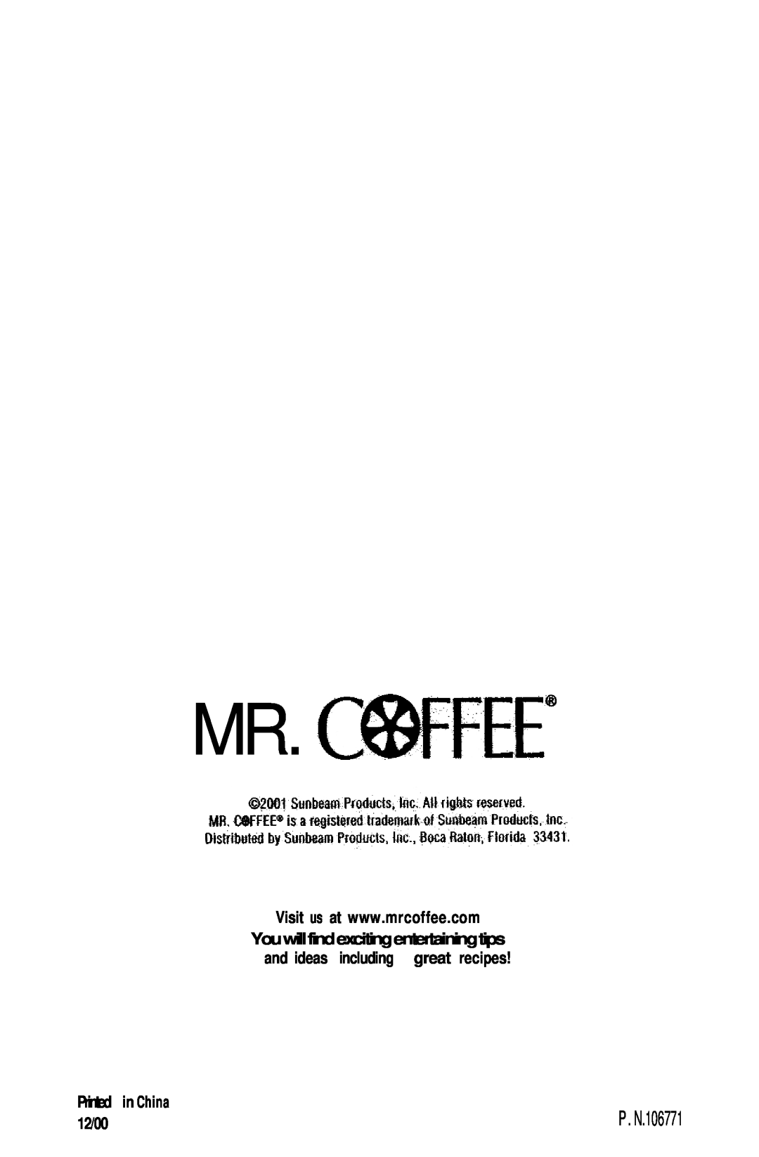 Mr. Coffee NL5 Black, NL4 White manual Mr.Cwfee”, 12/00, P. N.106771 