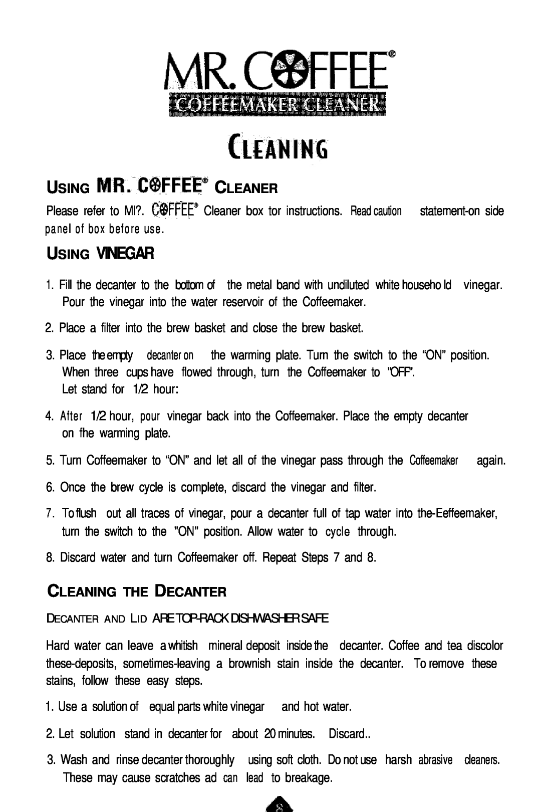 Mr. Coffee NL5 Black, NL4 White manual Using Vinegar, Mrcwfee 