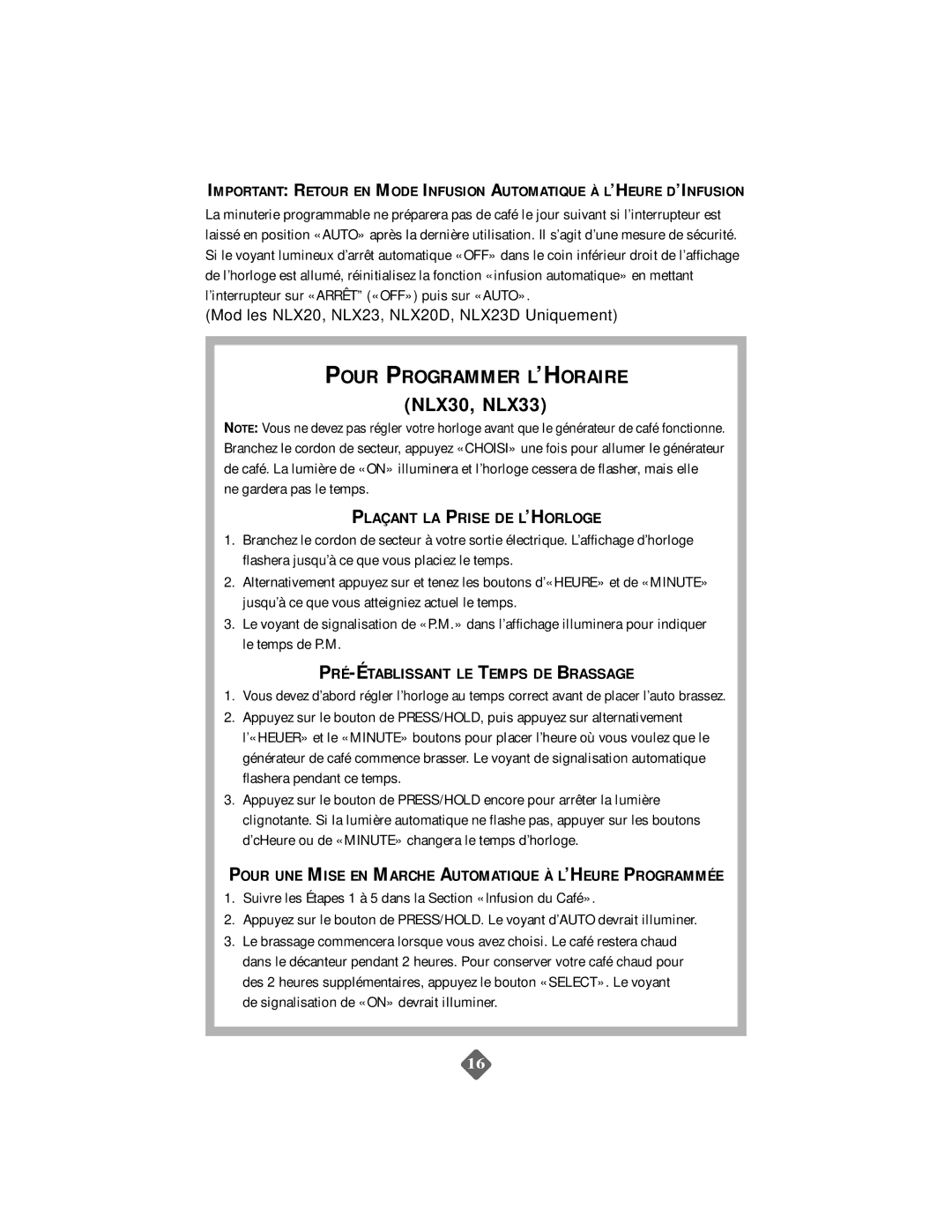 Mr. Coffee NLS12 instruction manual Plaçant LA Prise DE L’HORLOGE, PRÉ-ÉTABLISSANT LE Temps DE Brassage 