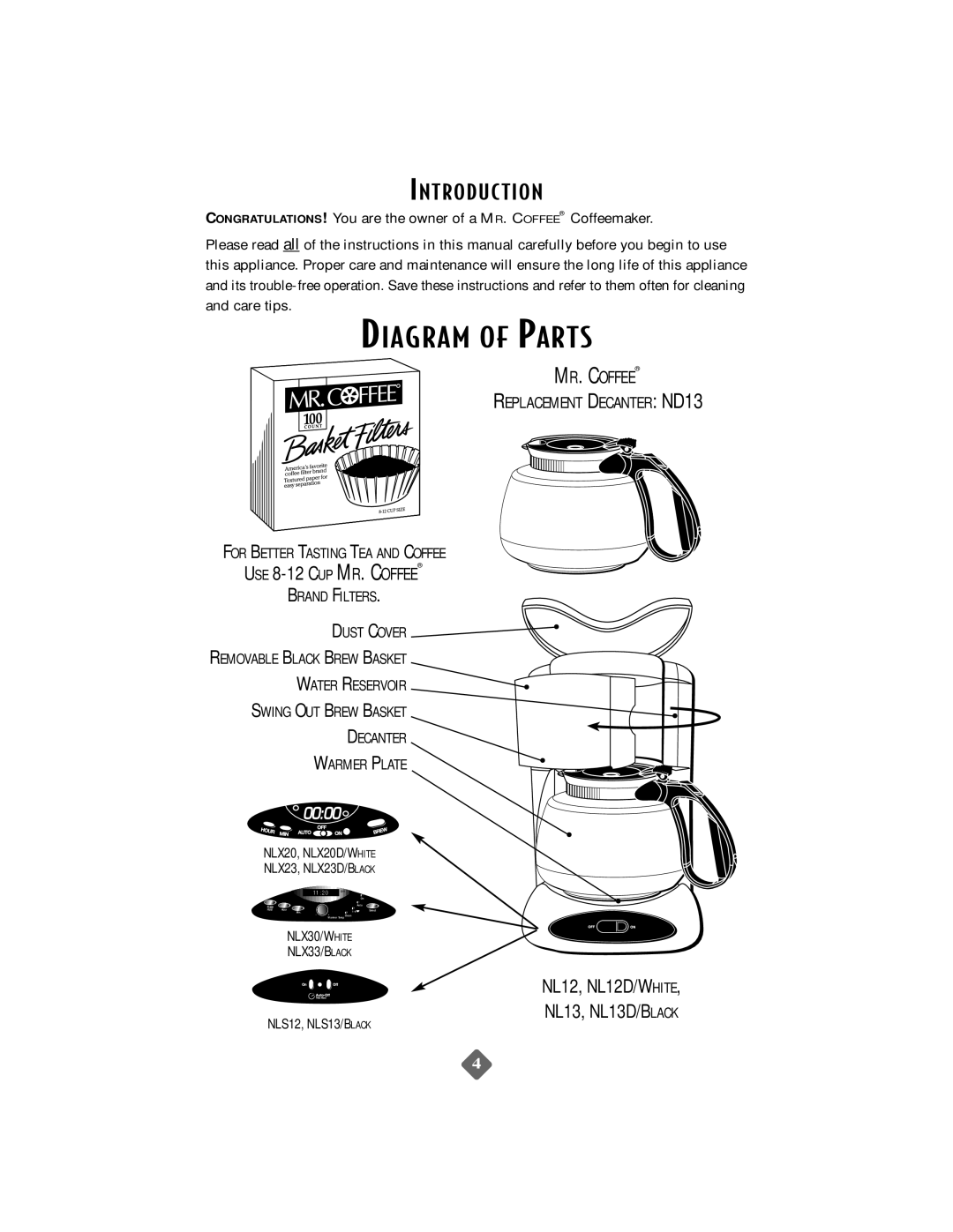 Mr. Coffee NLS12 instruction manual Diagram of Parts, Introduc Tion 