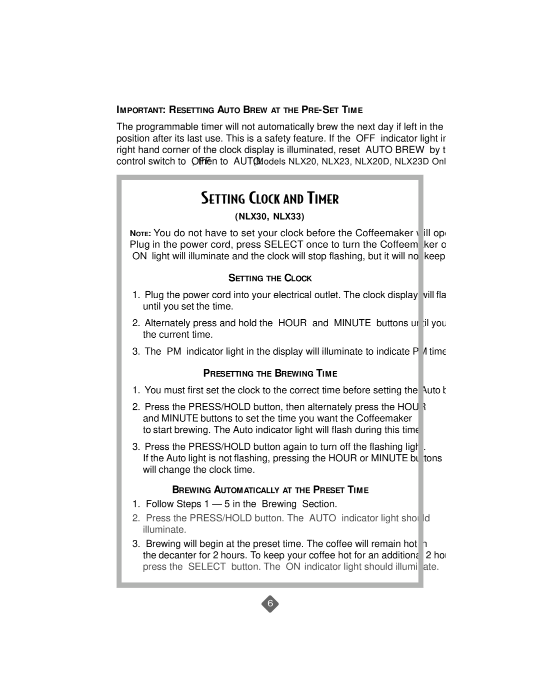 Mr. Coffee NLS12 instruction manual Setting Clock and Timer, Important Resetting Auto Brew AT the PRE-SET Time 