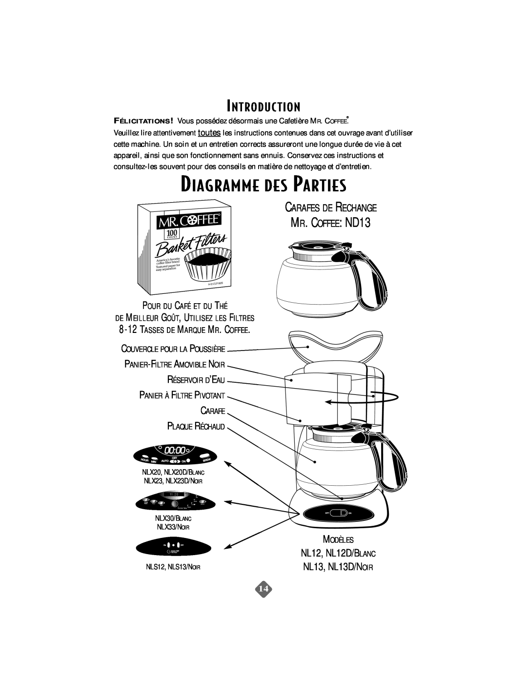 Mr. Coffee NLS12 instruction manual Diagramme Des Parties, Carafes De Rechange, MR. COFFEE ND13, Introduc Tion 