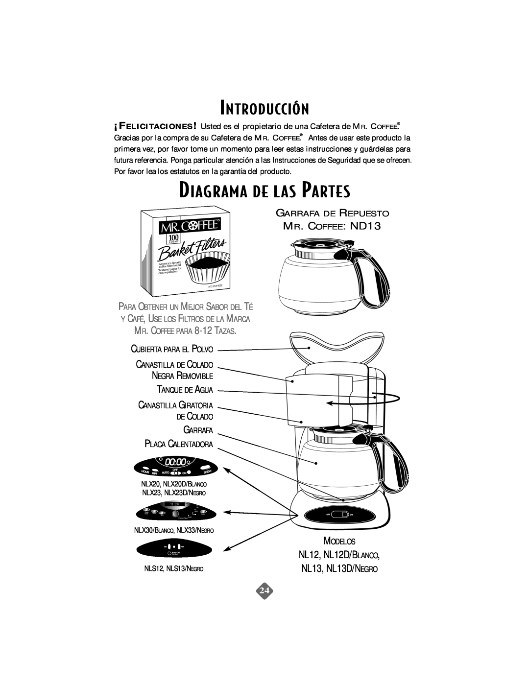 Mr. Coffee NLS12 Diagrama De L As Partes, NL12, NL12D/BLANCO NL13, NL13D/NEGRO, MR. COFFEE ND13, Introducción 