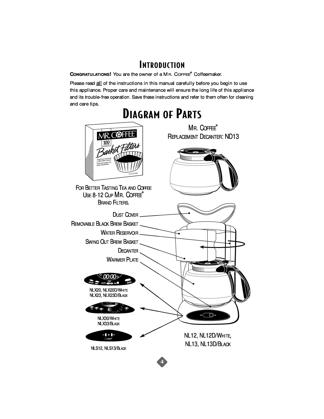 Mr. Coffee NLS12 instruction manual Diagram Of Parts, Introduc Tion, USE 8-12 CUP MR. COFFEE, Mr. Coffee 
