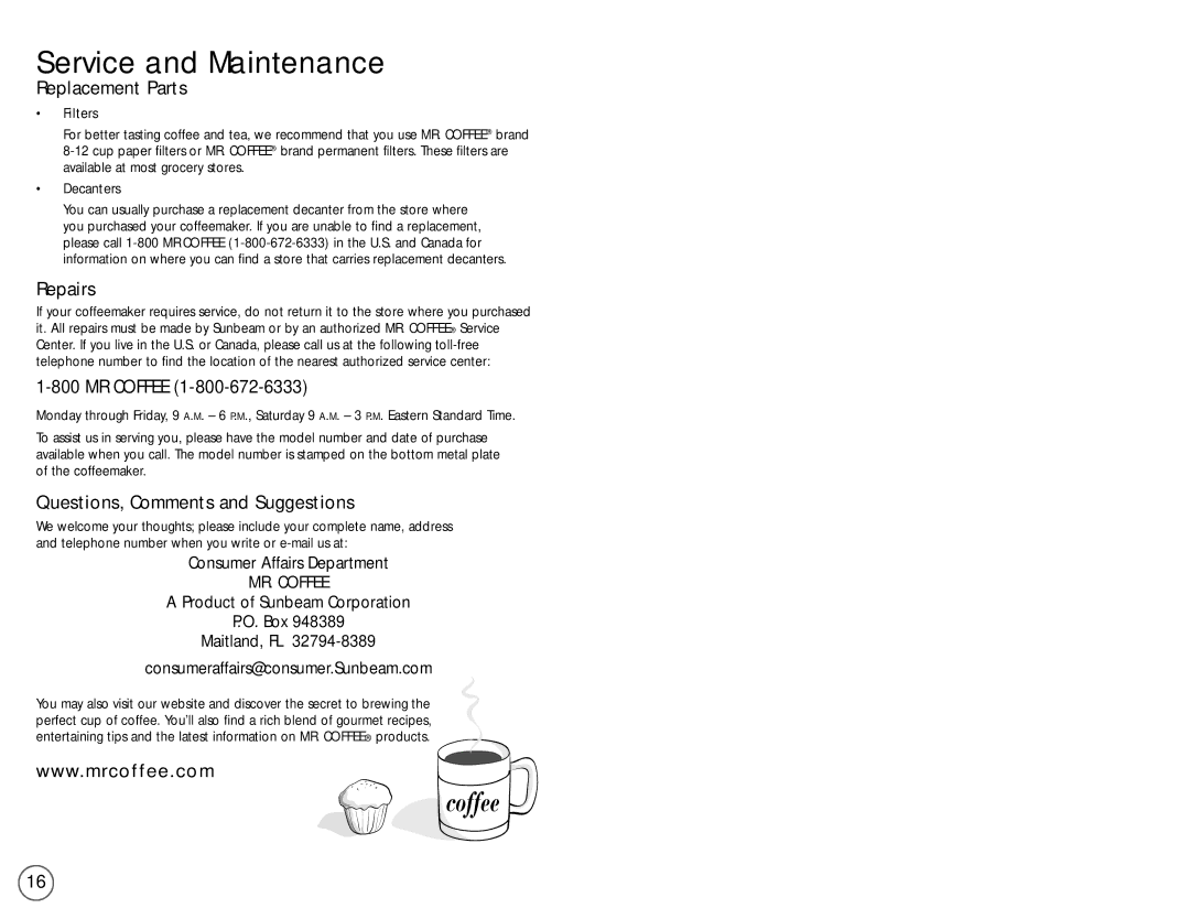 Mr. Coffee PL Series user manual Service and Maintenance, Replacement Parts, Repairs, Questions, Comments and Suggestions 