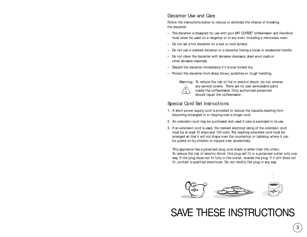 Mr. Coffee PL Series user manual Decanter Use and Care, Special Cord Set Instructions 