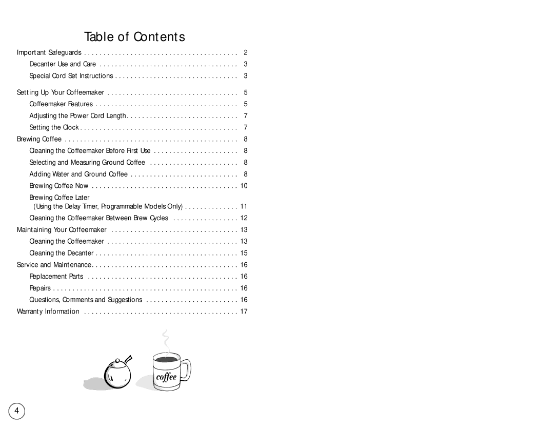 Mr. Coffee PL Series user manual Table of Contents 