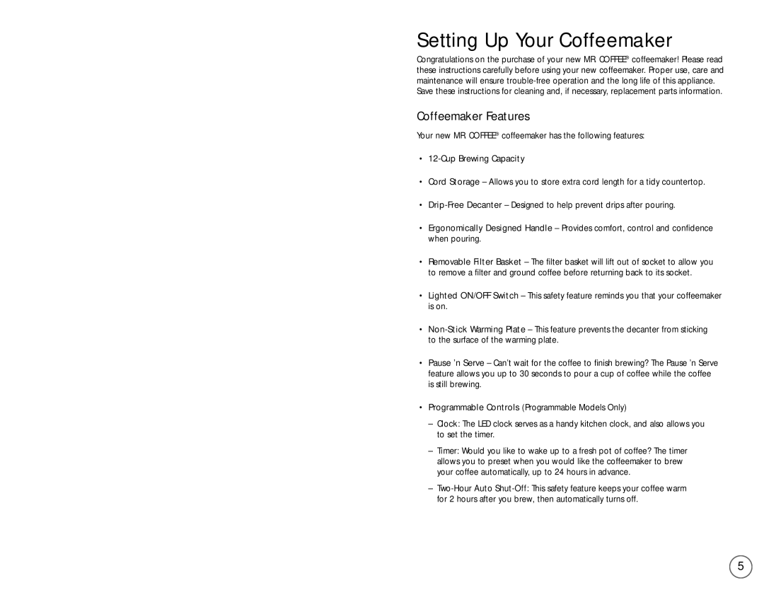 Mr. Coffee PL Series user manual Setting Up Your Coffeemaker, Coffeemaker Features 