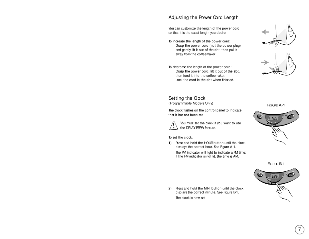 Mr. Coffee PL Series user manual Adjusting the Power Cord Length, Setting the Clock 