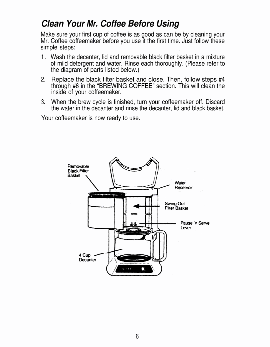 Mr. Coffee PM, PR6 manual Clean Your Mr. Coffee Before Using, Your coffeemaker is now ready to use 