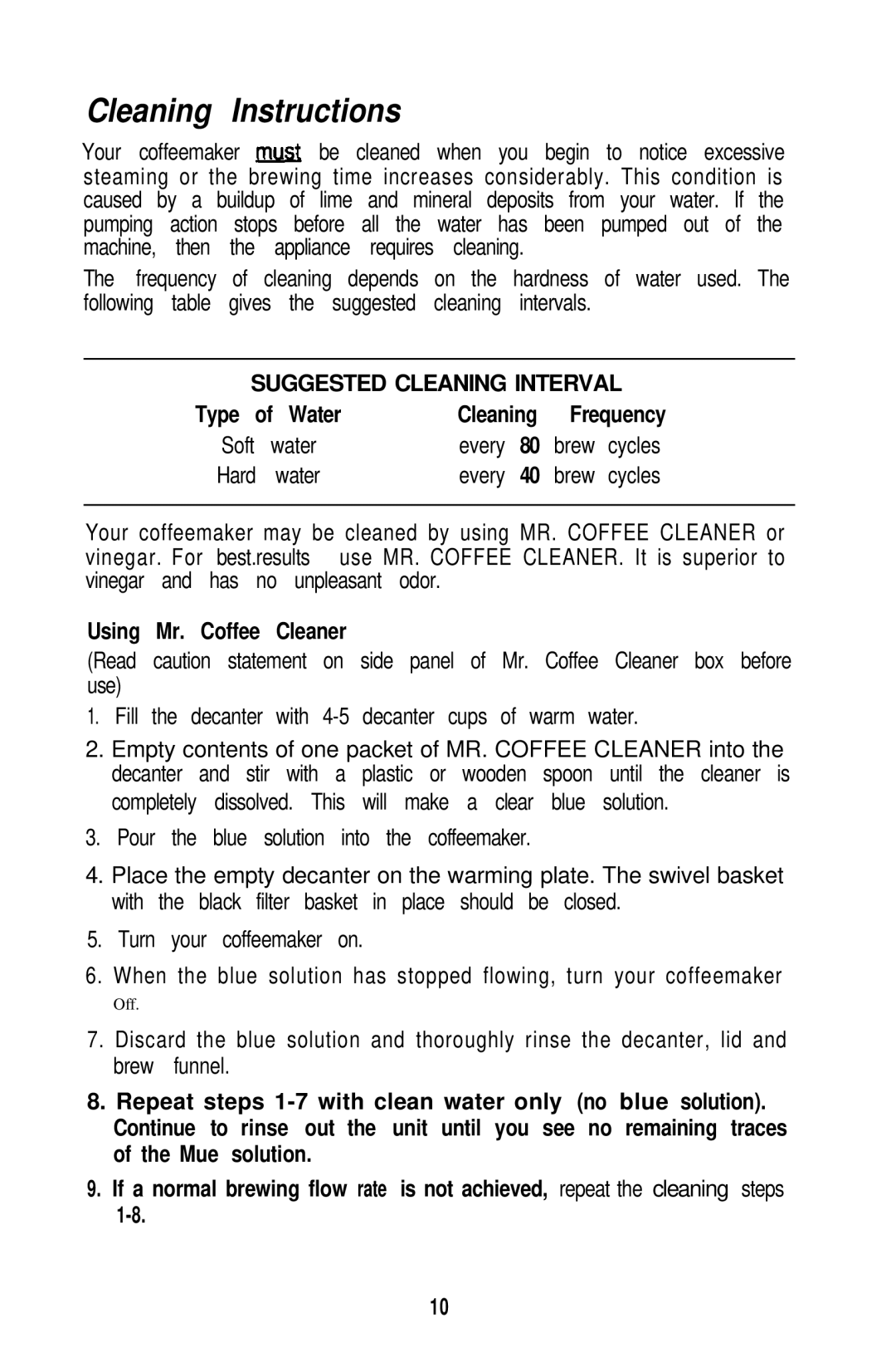 Mr. Coffee PR12A, PRX20 Cleaning Instructions, Suggested Cleaning Interval, Type of Water, Using Mr. Coffee Cleaner 