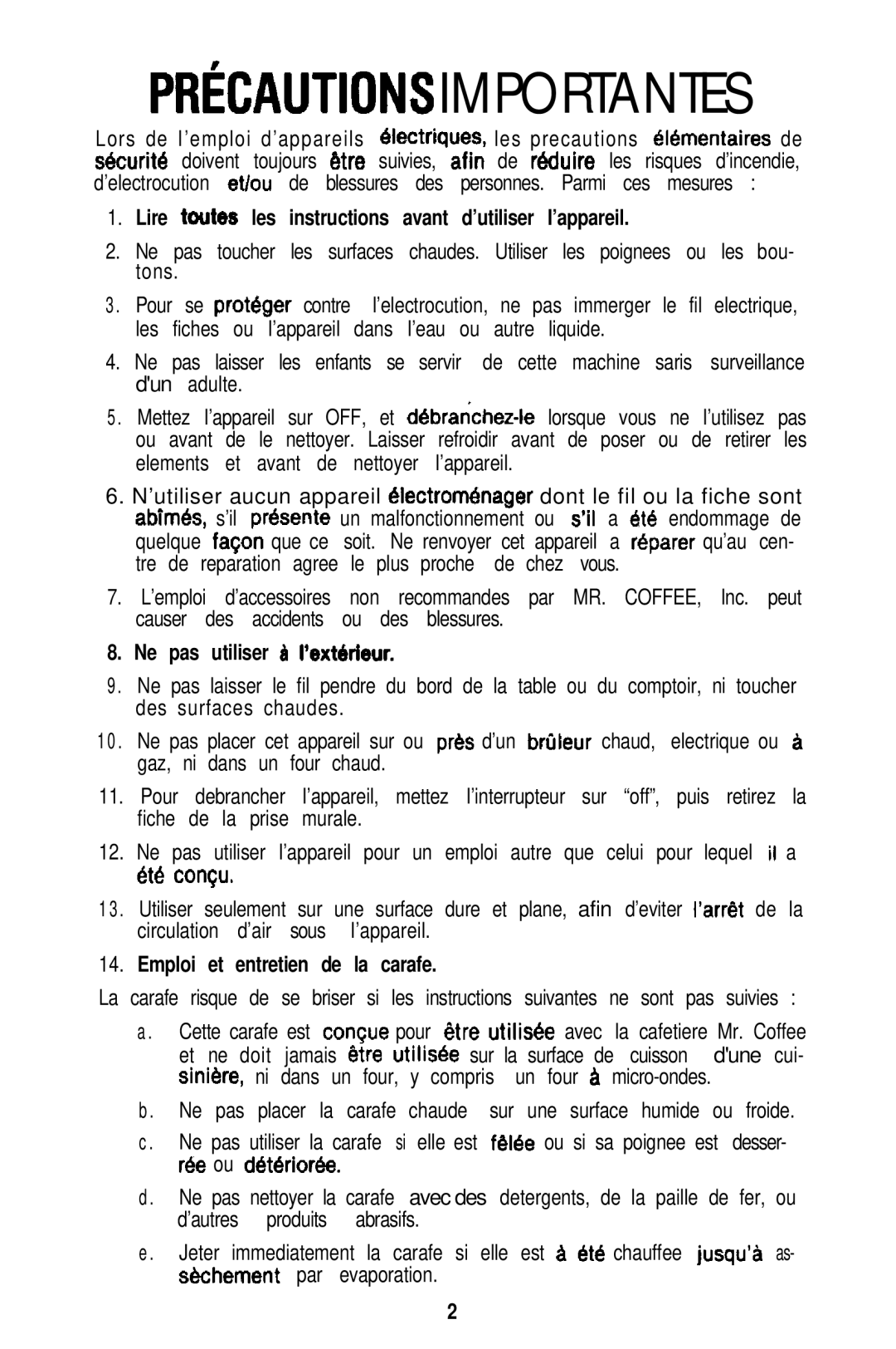 Mr. Coffee PRX20, PR12A Lire toutes les instructions avant d’utiliser I’appareil, Ne pas utiliser b I’extbieur 