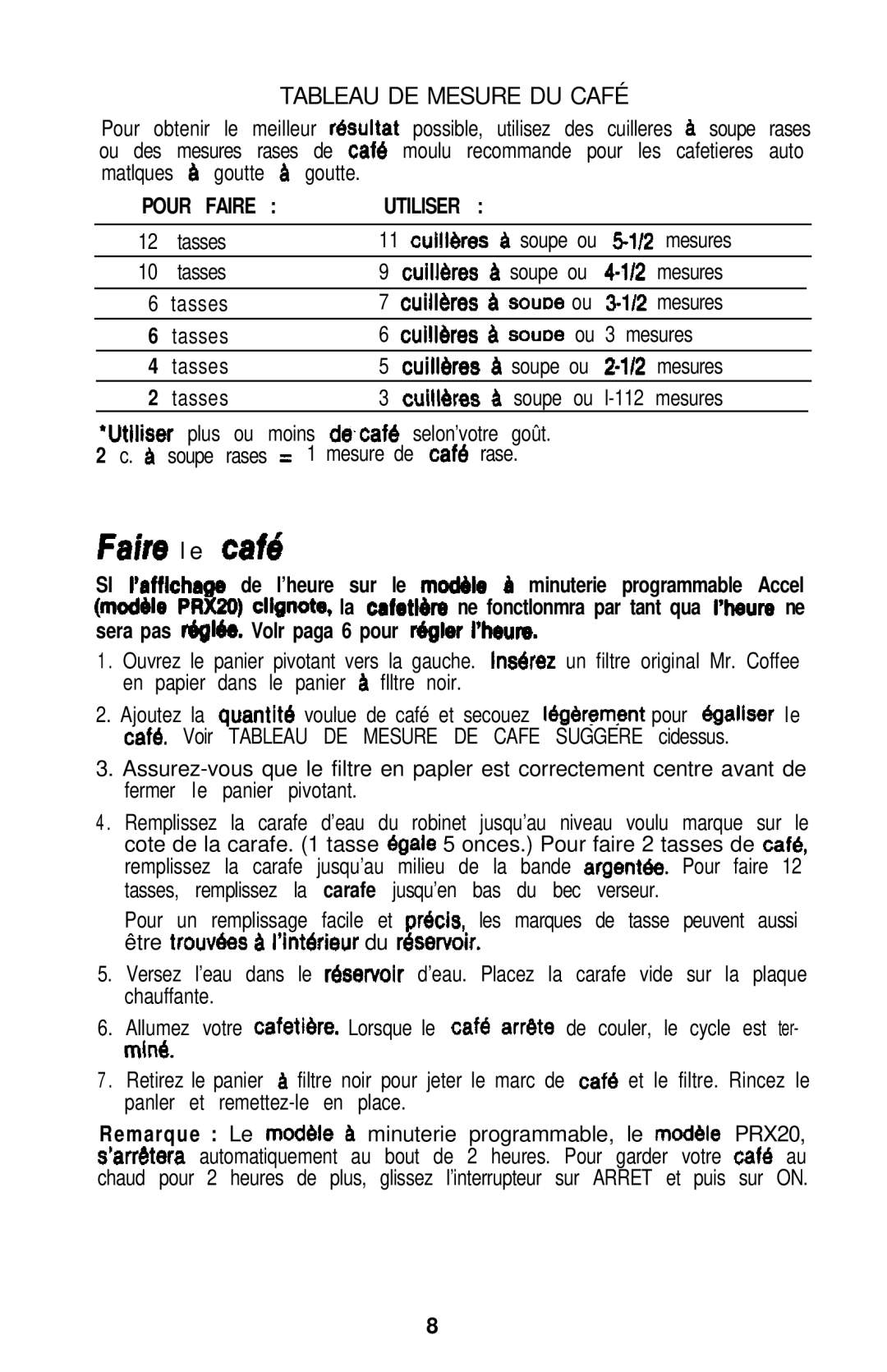 Mr. Coffee PRX20, PR12A operating instructions Tableau DE Mesure DU Café, Faire l e Café 