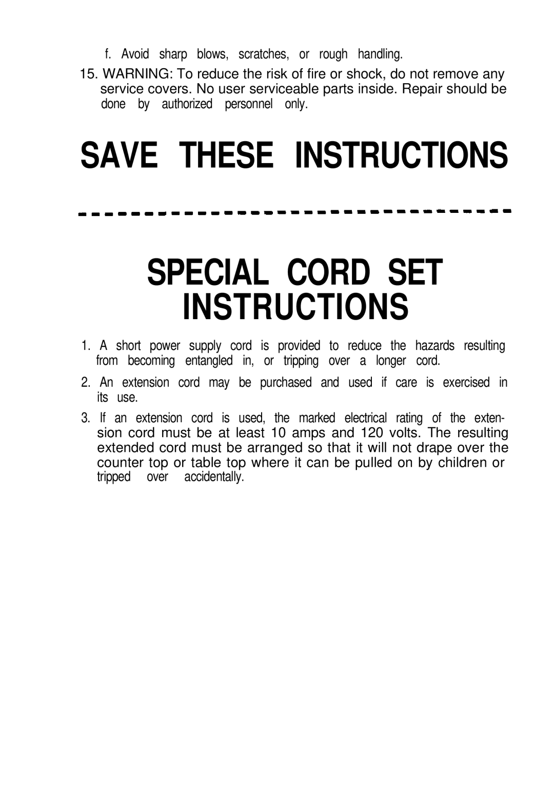 Mr. Coffee PRX20, PR12A Special Cord SET Instructions, Avoid sharp blows, scratches, or rough handling 