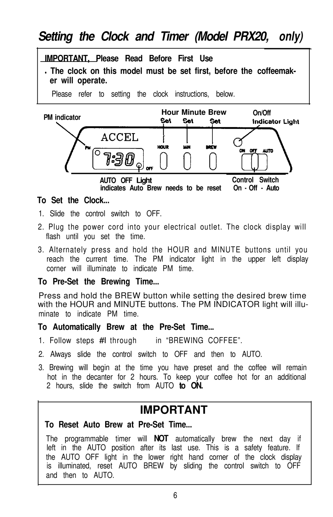 Mr. Coffee PR12A Setting the Clock and Timer Model PRX20, only, To Set the Clock, To Pre-Set the Brewing Time 