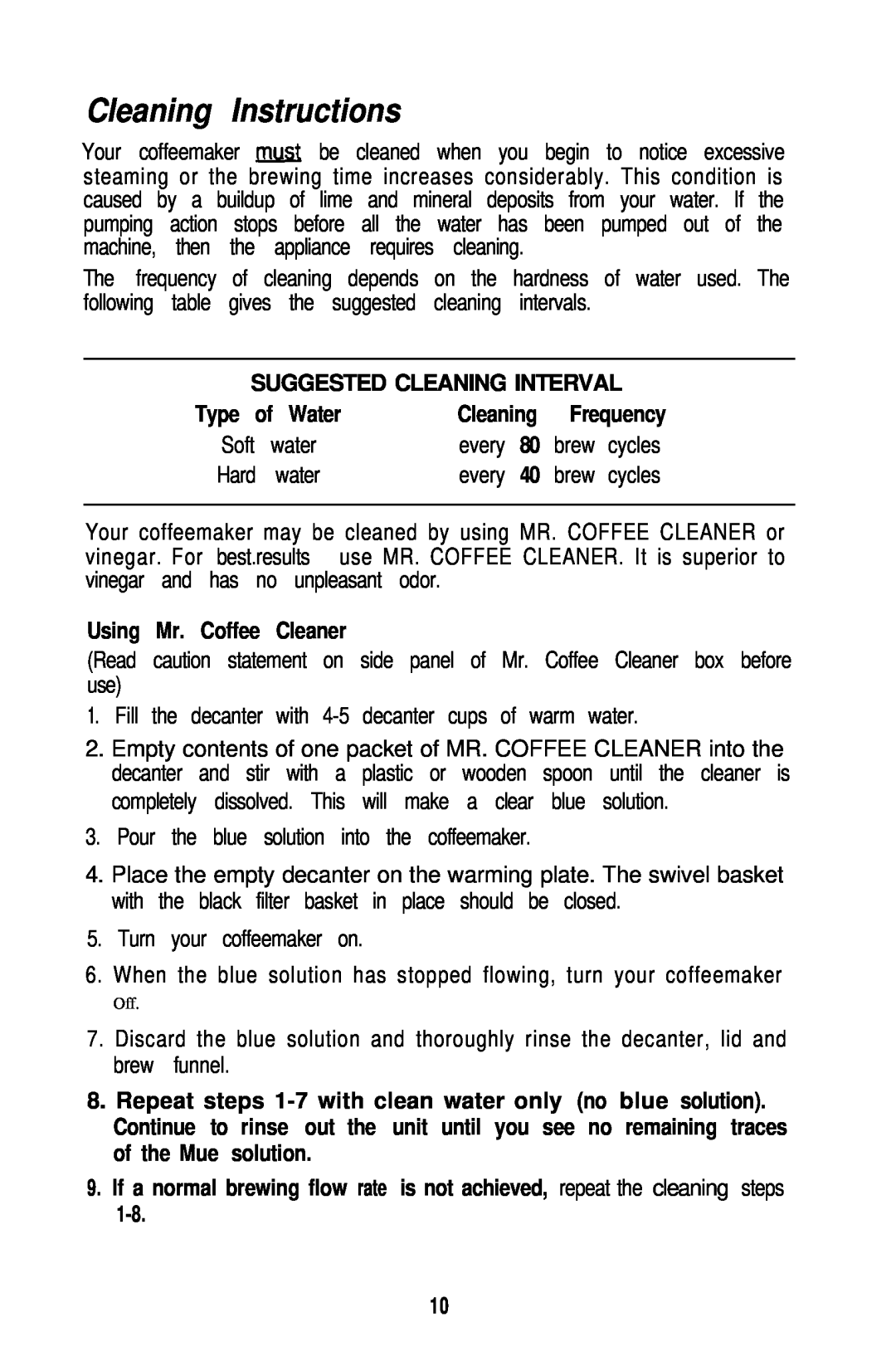 Mr. Coffee PR12A, PRX20 Cleaning Instructions, Suggested Cleaning Interval, Type of Water, Using Mr. Coffee Cleaner 