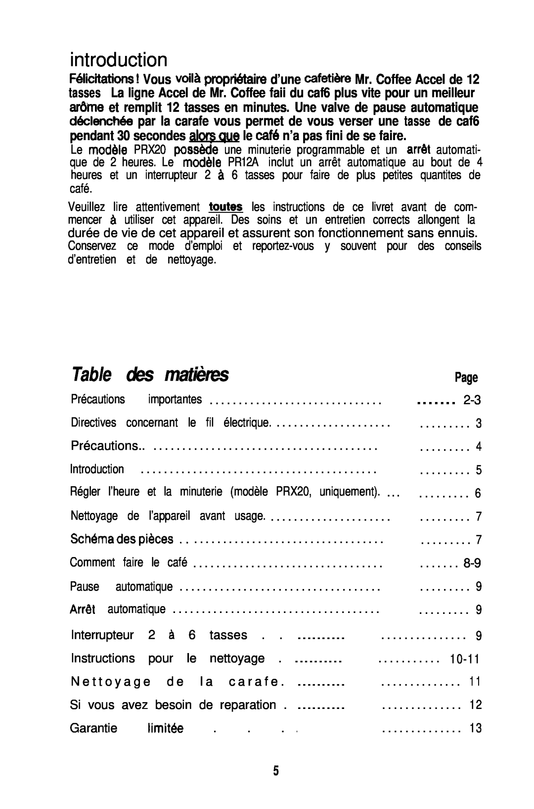 Mr. Coffee PR12A, PRX20 operating instructions Table des matières, Page, introduction 