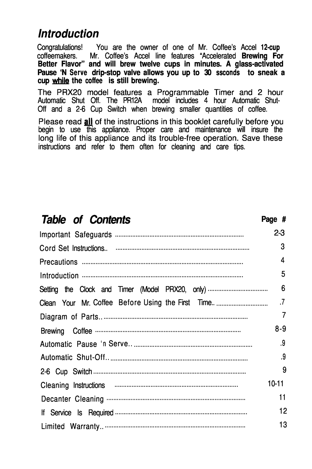 Mr. Coffee PRX20, PR12A operating instructions Introduction, Contents 