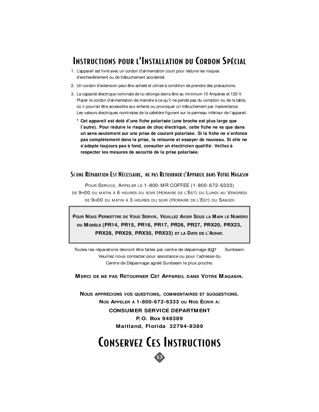 Mr. Coffee PR15, PRX28, PR14, PRX33, PR26 Conservez CES Instruc Tions, Instruc Tions Pour L’INSTALL Ation DU Cordon Spécial 