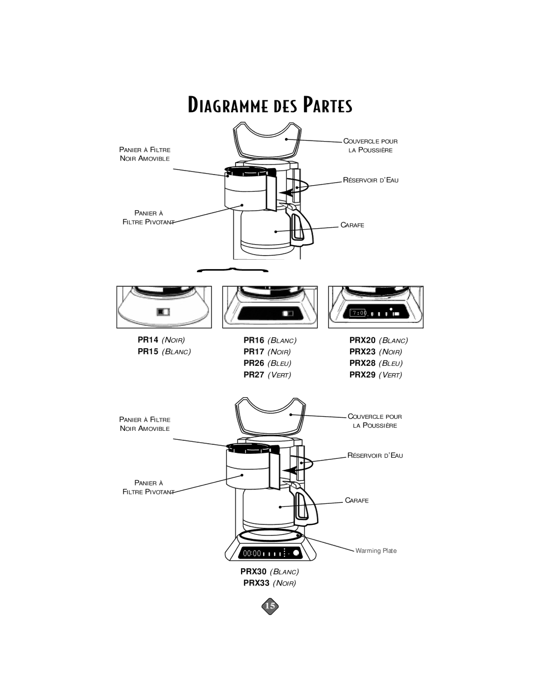 Mr. Coffee PR16, PRX28, PR14, PR15, PR26, PR17, PRX23, PR27, PRX29 instruction manual Diagramme DES Partes, PRX30 Blanc PRX33 Noir 