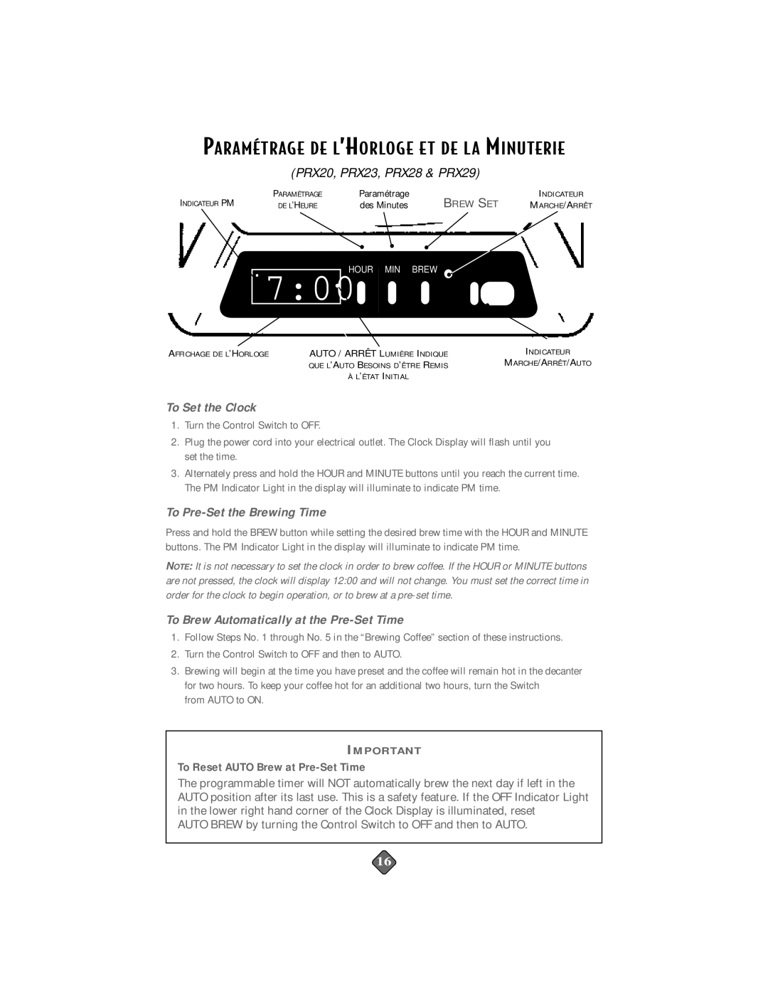 Mr. Coffee PR17, PR14, PRX33, PR15, PR26, PR16, PR27 Paramétrage DE L’HORLOGE E T DE L a Minuterie, PRX20, PRX23, PRX28 & PRX29 