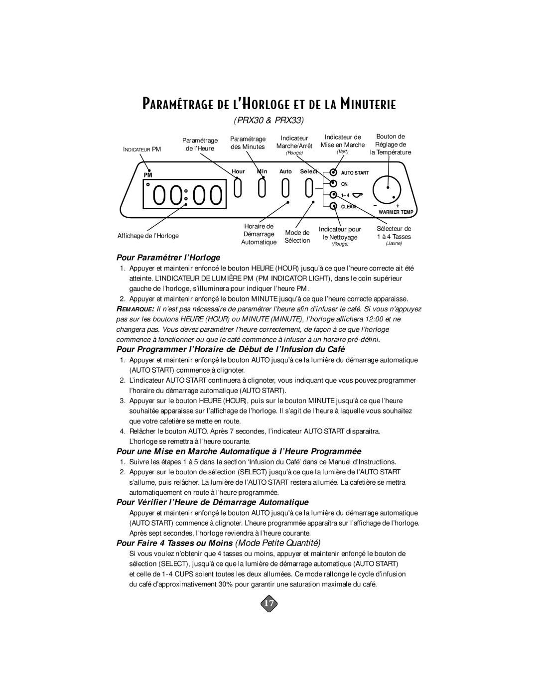 Mr. Coffee PRX23, PRX28, PR14, PRX33, PR15, PR26, PR16, PR17, PR27, PRX29 instruction manual Pour Paramétrer l’Horloge 