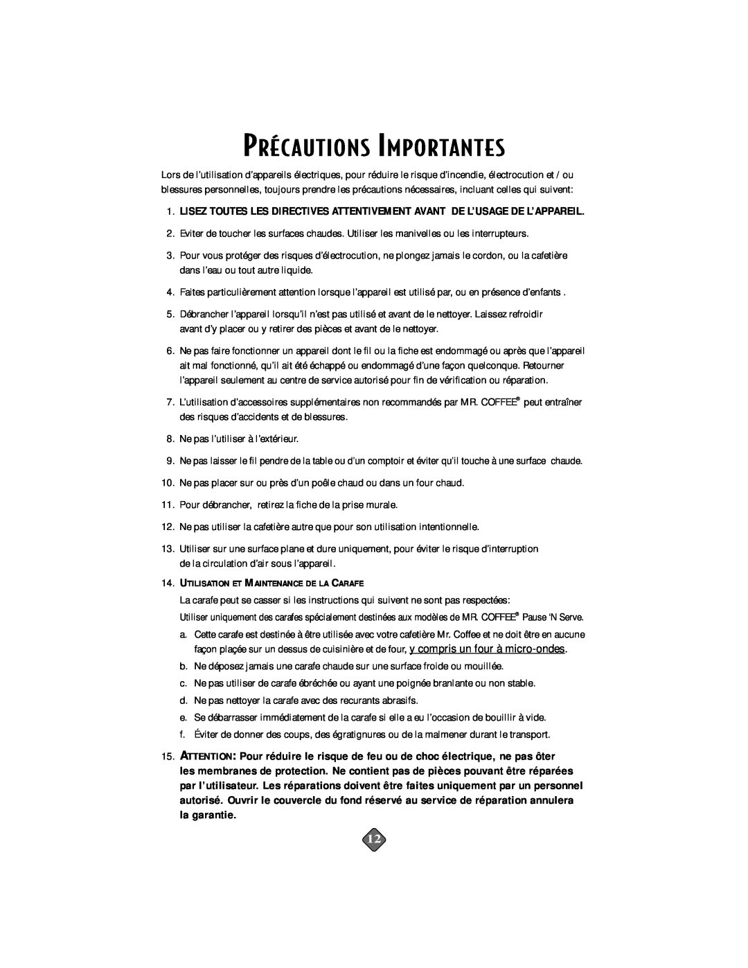 Mr. Coffee PRX33, PRX28, PR14, PR15, PR26, PR16, PR17, PRX23, PR27, PRX29 instruction manual Préc Autions Importantes 
