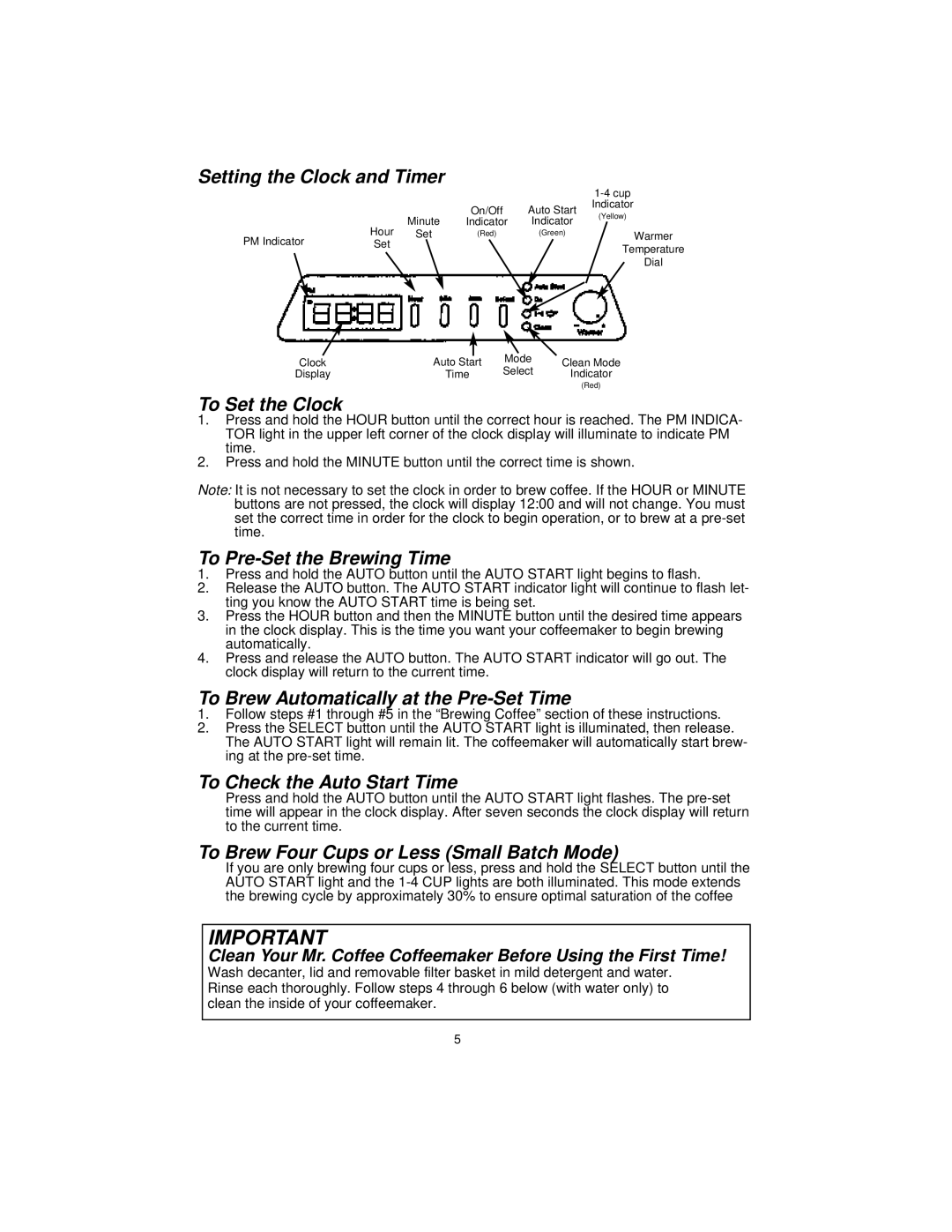Mr. Coffee PRX30 Setting the Clock and Timer, To Set the Clock, To Pre-Set the Brewing Time, To Check the Auto Start Time 