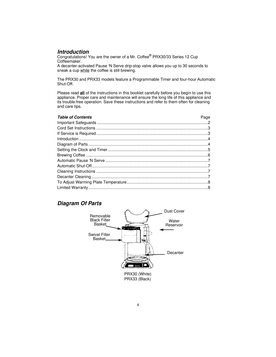 Mr. Coffee PRX30 manual Introduction, Diagram Of Parts, Table of Contents 
